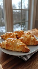 Wall Mural - Freshly baked croissants on a white plate near a window with natural light