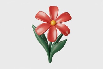 Aufkleber - A charming 3D rendered red flower with green leaves, simple and cheerful.