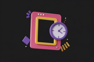 Poster - A colorful 3D illustration of a digital frame with a clock, representing time management or scheduling.