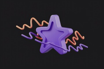 Fototapete - 3D purple star with abstract orange and purple lines on transparent background.