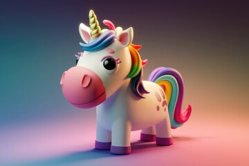 Poster - Adorable 3D rendered cartoon unicorn with rainbow mane and tail, cute and playful.