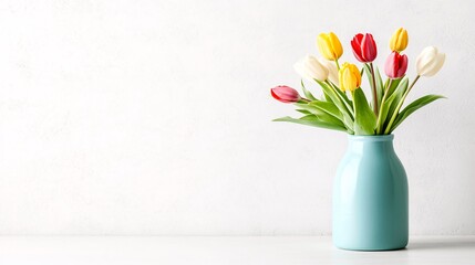 Wall Mural - Colorful tulips in a turquoise vase on a white background