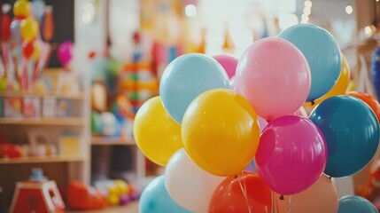 Poster - Colorful toys and bright balloons create a joyful atmosphere in a cheerful child playroom. Generative AI