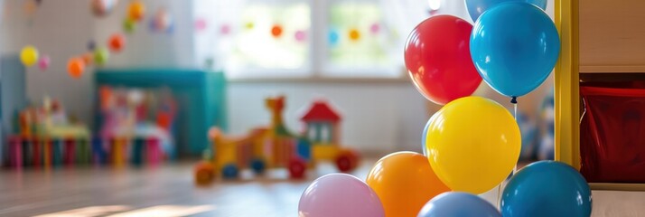 Poster - Bright and colorful playroom filled with toys and balloons creating a joyful atmosphere for children to explore and enjoy. Generative AI