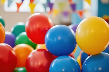 Poster - Colorful balloons and toys create a joyful atmosphere in a cheerful playroom for children. Generative AI