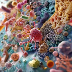Aufkleber - Close up view revealing diverse microbes on common surfaces like door handles and smartphones under a microscope. Generative AI