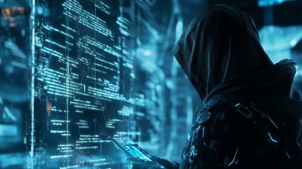 Poster - A hooded figure analyzes glowing code on a digital interface, showcasing a futuristic cyber environment filled with data and technology.