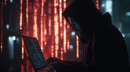 Poster - A hooded figure is focused on a laptop, surrounded by glowing red digital elements, creating a mysterious and tech-driven atmosphere.