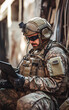 © Vilius - U.S. Army communication officer operating advanced technology in a tactical environment, wearing military gear and headset, with high-tech equipment and dim, strategic lighting