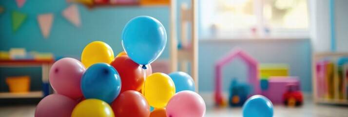 Poster - Colorful toys and balloons create a joyful atmosphere in a cheerful child playroom filled with imagination and wonder. Generative AI