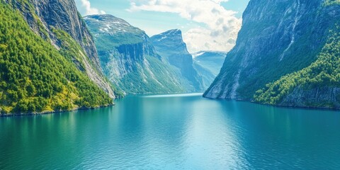 Wall Mural - Serene Fjord Landscape with Majestic Mountains and Clear Blue Water in Bright Blue Sky