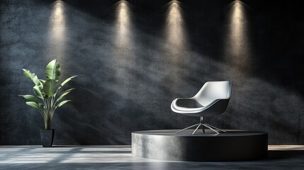 Wall Mural - A modern chair on a pedestal with dramatic lighting and a plant in a minimalist setting.