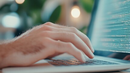 Man coding laptop cafe background