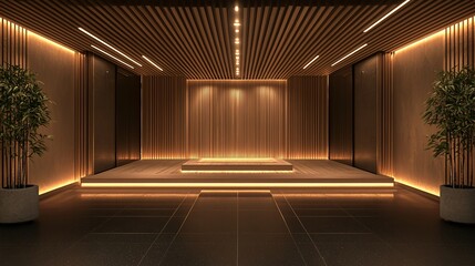 Canvas Print - Modern minimalist lobby with wooden walls, warm lighting, and a platform.