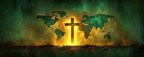 Canvas Print - illuminated cross with world map background in abstract green and gold design