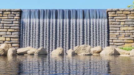 Wall Mural - Serene Waterfall Cascading Over Stone Wall in Peaceful Park Setting Surrounded by Nature