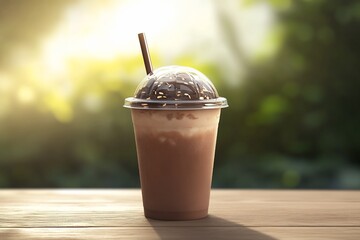 Wall Mural - Iced chocolate drink in plastic cup on wooden table outdoors.