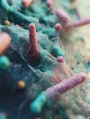 Aufkleber - Close up view of microbes found on common surfaces like door handles and smartphones. Generative AI