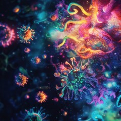 Poster - Viruses interacting with cells in a colorful microscopic world showcasing biological processes. Generative AI