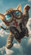 © Jiwa_Visual - A playful kitten wearing goggles and a harness, seemingly flying through the clouds