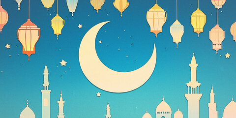 Wall Mural - A paper-cut art illustration with a crescent, layered mosque silhouettes, and lanterns