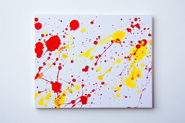 Wall Mural - minimalist flat lay of abstract ink splatters in vibrant reds and yellows on crisp white background