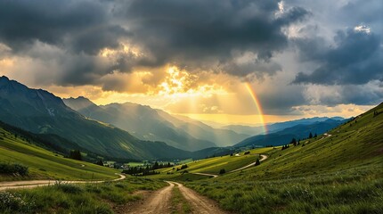 Fototapete - serene landscape with a rainbow arching over rolling hills and mountains under a dramatic sky. A dirt road winds through the scene, leading the viewer's eye towards the distant horizon.