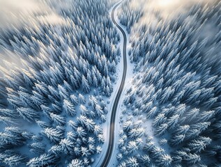 Poster - an aerial view of a forested area covered in snow, with a winding road running through it. The trees are densely packed and covered in a layer of white snow.
