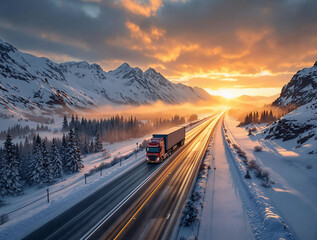 Poster - truck driving down a snowy road with a beautiful sunset in the background, surrounded by mountains and pine trees covered in snow.