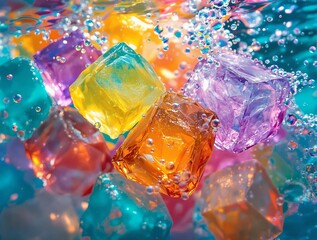 Fototapete - The image shows colorful ice cubes floating in a liquid with bubbles surrounding them.