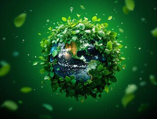 Fototapete - stylized green and blue globe surrounded by leaves and branches, symbolizing a green planet. The background is filled with green and blue colors, enhancing the environmental theme.