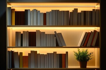 Wall Mural - modern bookshelf with neatly arranged psychology books and small potted plant lit by warm light