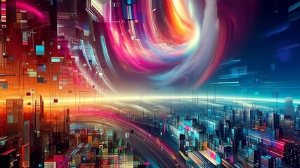Poster -  Glitch art video abstract backdrop. Distorted design with vibrant digital noise. Modern aesthetic captures futuristic, cyber-inspired art. Ideal for contemporary video designs.