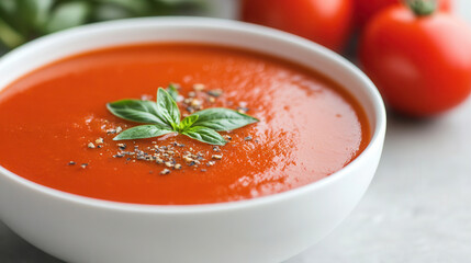 Wall Mural - Spanish gazpacho soup, Rich tomato soup garnished with fresh basil sits in a white bowl beside ripe tomatoes on a gray countertop