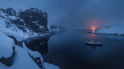 Wall Mural - Panoramic view of a tranquil Arctic scene at sunset, featuring a small boat on calm water near snow-covered rocky shores.