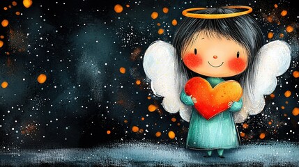 Wall Mural -   Girl holding an angel-shaped orange heart on top of her head with one hand and another heart shape in the other