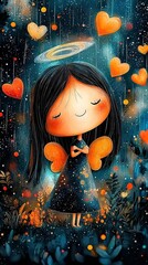 Wall Mural -  A girl in black holds an angel above, hearts float in air