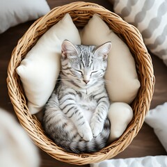 Poster - Adorable grey kitten peacefully sleeping in a cozy wicker basket surrounded by soft pillows.