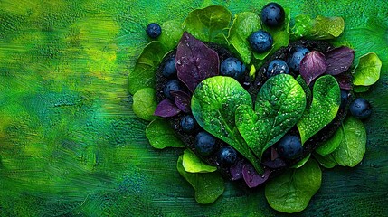 Wall Mural -   An array of leaves and berries in the form of a heart on a multicolored textured background of green, blue, and yellow