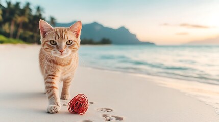 Poster - Adorable ginger kitten strolling on a pristine beach at sunset, playing with a red toy.