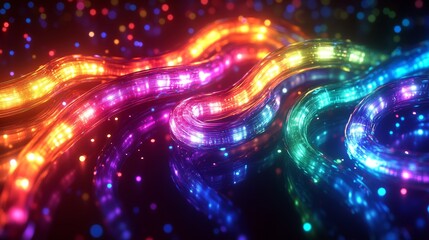 Cables, wires or cords in colorful lights engineering, software programming or cybersecurity IT. Hardware, equipment or data center technology for cloud networking, database storage or, Generative AI
