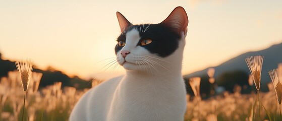 Wall Mural - Bicolor cat in sunset field.