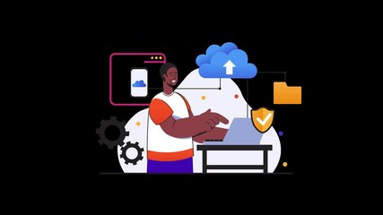 Wall Mural - An African man working on a laptop with cloud icons in an animated style.