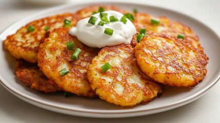 Wall Mural - Potato pancakes with sour cream on the table close-up, Deruny Draniky