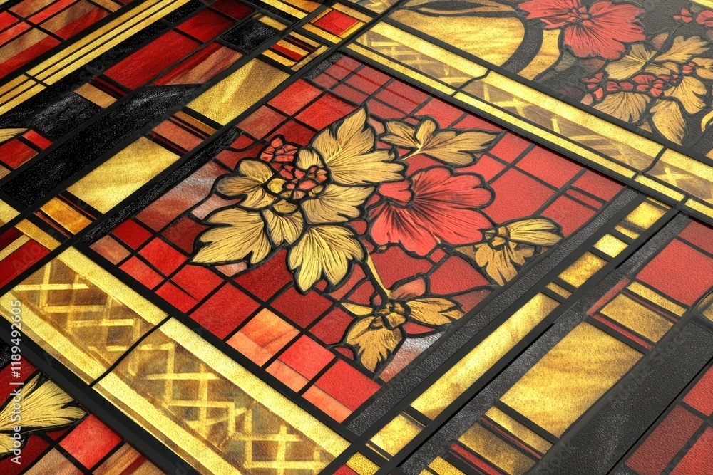 Stained Glass Floral Design Featuring Elegant Red and Gold Patterns for ...