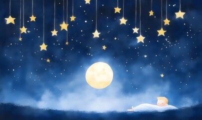 Wall Mural - Baby sleeps under a starry night sky with a large moon.