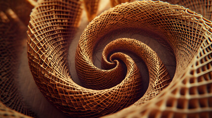 Abstract swirling brown textured pattern, intricate woven design, spiral structure, close-up detail, digital art background.