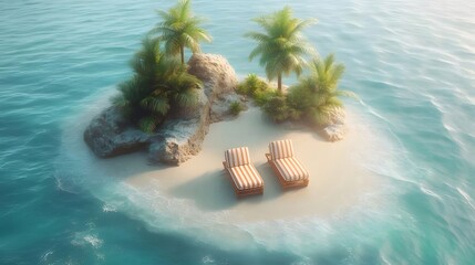 Wall Mural - Secluded tropical island with two lounge chairs on a pristine beach.