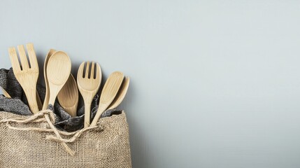 Eco-Friendly Bamboo Utensils in Burlap Bag Minimalist Kitchenware Flatlay