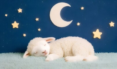 Wall Mural - Adorable lamb sleeping soundly under a crescent moon and stars.